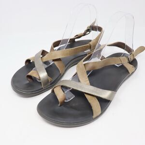 OluKai UPENA Beige & Metallic Leather Strappy Slingback Flat Sandals Size 8 / 38